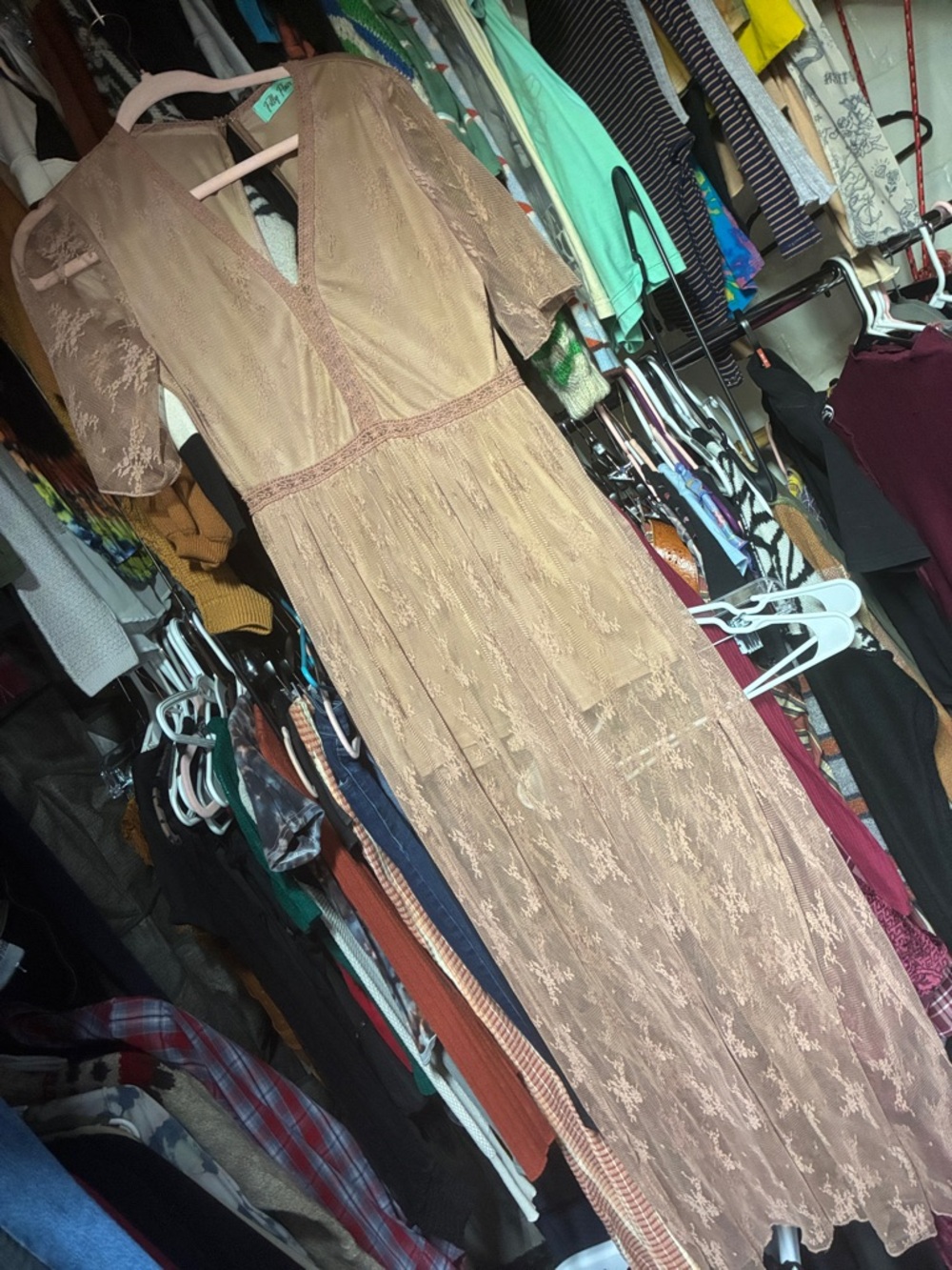 Filly Flair Tan Lace V-Neck Maxi Dress with Short Sleeves
